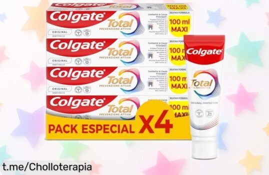Pasta de dientes Colgate Total Prevención Activa en pack de 4 tubos a precio loco, cuida tus encías y combate la placa mientras sonríes con confianza todos los días. ¡Hazlo tuyo ya!