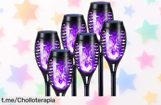 Set de 6 antorchas solares Geemoo con efecto llama realista a precio loca, transforma tu jardín en un paraíso luminoso y espectacular ¡aprovecha esta oferta única antes que se agote!