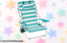 Silla de playa plegable SONGMICS ligera y ajustable, ¡preparada para tus días de sol con portavasos! Ahora a un precio que no te puedes perder.