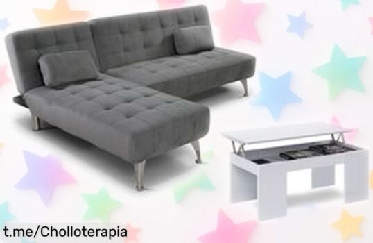 Sofá cama chaise longue XS gris con mesa de centro blanca incluida, aprovecha este ofertón y renueva tu salón al instante, ¡no te lo puedes perder!