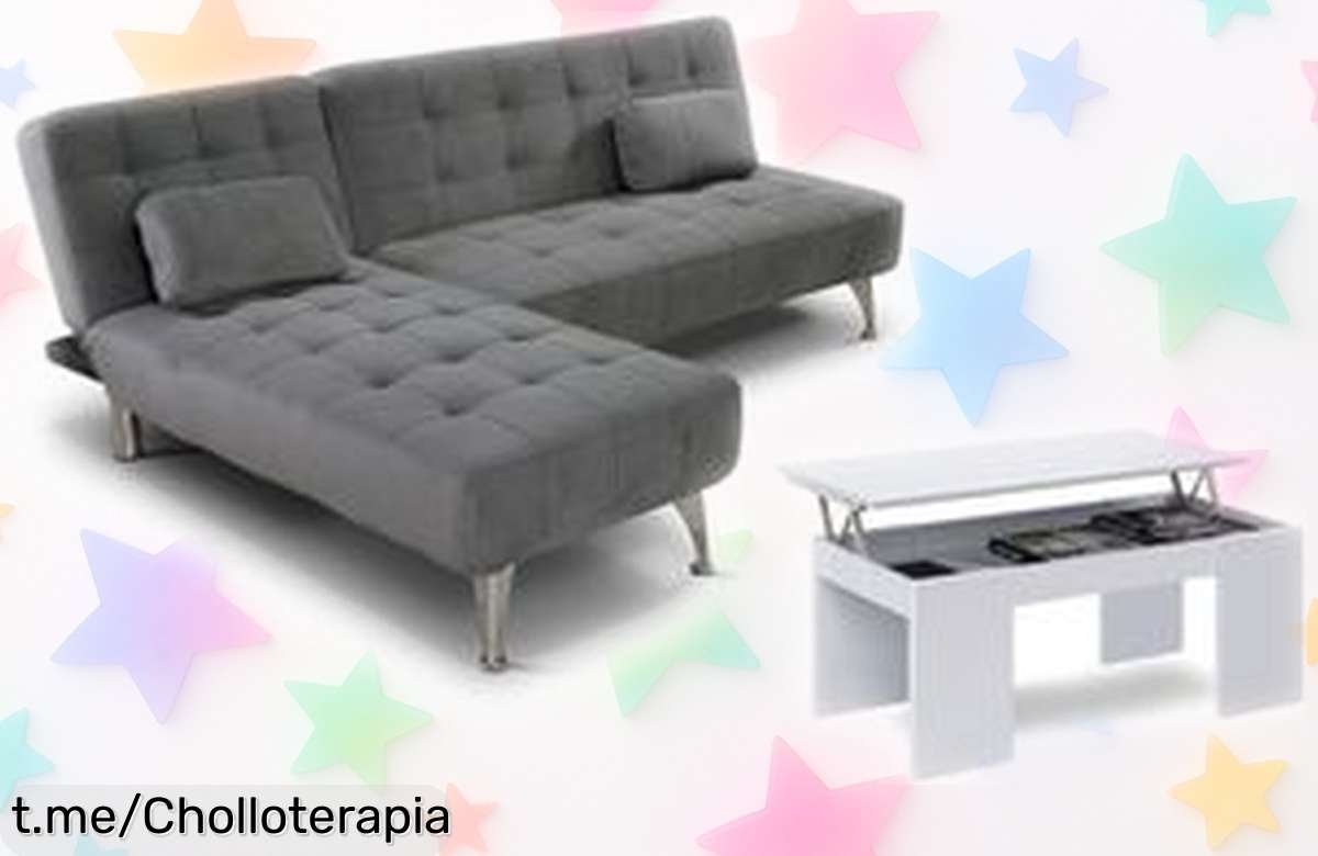 Sofá cama chaise longue XS gris con mesa de centro blanca incluida, aprovecha este ofertón y renueva tu salón al instante, ¡no te lo puedes perder!