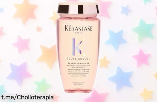 Champú hidratante e iluminador Kérastase Gloss Absolu con ácido glicólico, caído de precio y lista para resaltar tu melena. ¡No te quedes sin el brillo que mereces!