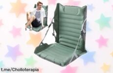 Cojín inflable para asiento de suelo que se infla al instante y aguanta hasta el viento; ¡aprovéchalo ya, este ofertón está tirado de precio y no querrás perderte la comodidad!