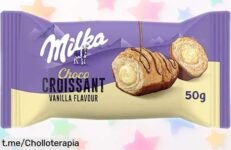 Delicioso croissant Milka con crema de vainilla y chocolate: ¡una maravilla suave que se derrite en la boca, ahora a precio de ganga! No pierdas esta oportunidad dulce.