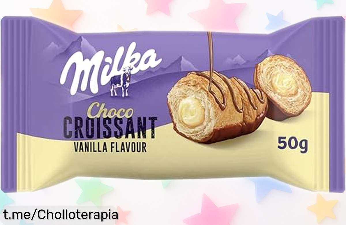 Delicioso croissant Milka con crema de vainilla y chocolate: ¡una maravilla suave que se derrite en la boca, ahora a precio de ganga! No pierdas esta oportunidad dulce.
