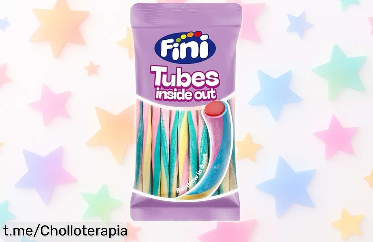 Delicioso regaliz de fresa Finipalo Tubes Rainbow Inside Out, bolsa de 80 gr: dulzura y alegría que no puedes dejar pasar a un precio extraordinario.