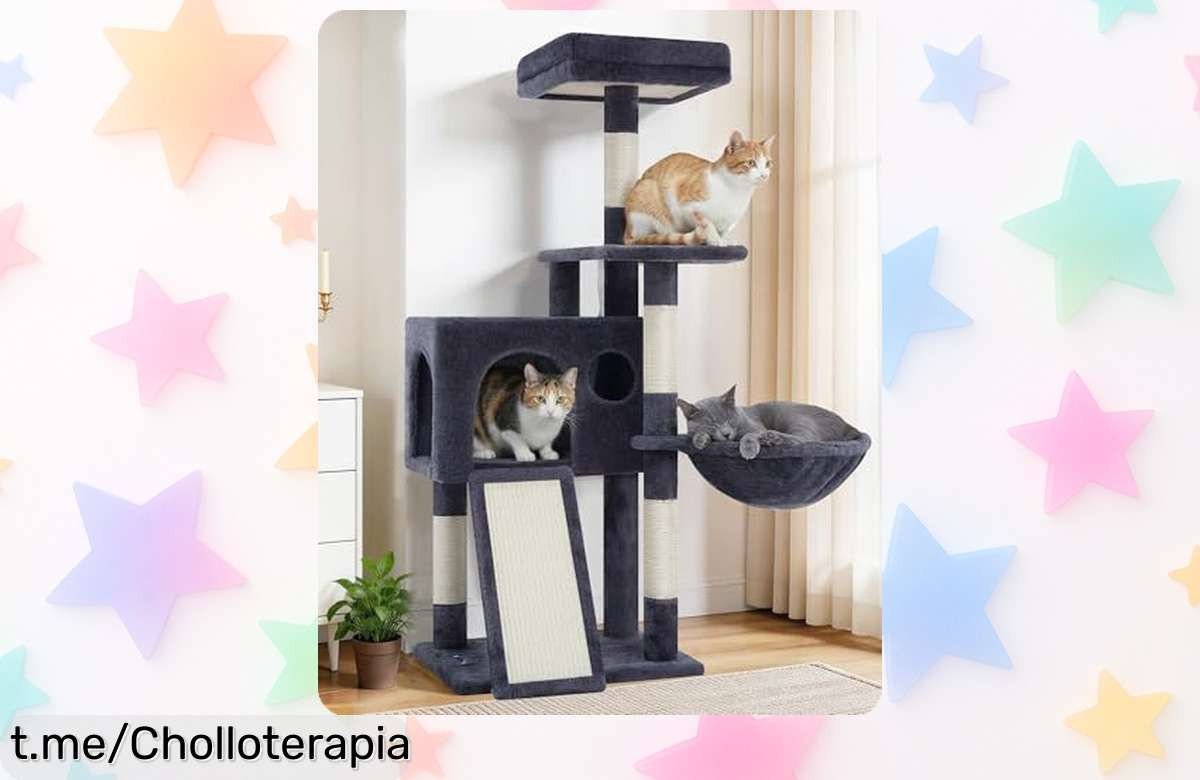 Descubre el árbol rascador Gitelsnour GCT005SG: diversión para tu gato, hamaca incluida y a un precio increíblemente bajo. ¡No dejes que se te escape este cholo!