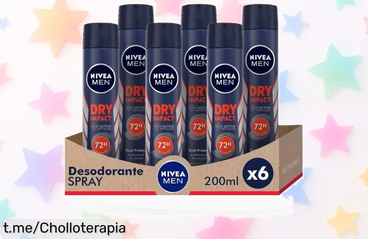 Desodorante spray Dry Impact para hombre de NIVEA MEN en pack de 6 unidades, ¡frescor duradero y envío a casa! No te pierdas este chollazo que no se repite.