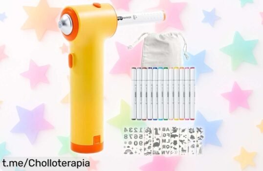 Divertido kit de aerógrafo Mocoli para niños con 12 rotuladores y plantillas a un precio rebajado que hará volar la creatividad de tus peques. ¡No te lo puedes perder!