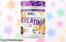 Energiza tu entrenamiento con creatina monohidrato ERIX 300g, disolución inmediata y sabor tropical a un precio loco que no podrás dejar escapar. ¡Activa tus músculos ya!