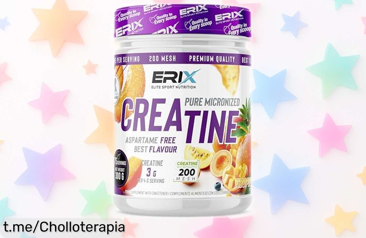 Energiza tu entrenamiento con creatina monohidrato ERIX 300g, disolución inmediata y sabor tropical a un precio loco que no podrás dejar escapar. ¡Activa tus músculos ya!