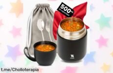 Fiambrera termo Tiandka que mantiene tu comida caliente hasta 8 horas, ¡súper completa con cuchara, tenedor y bolsa! Aprovecha este precio de escándalo que no se repite.