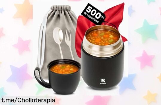 Fiambrera termo Tiandka que mantiene tu comida caliente hasta 8 horas, ¡súper completa con cuchara, tenedor y bolsa! Aprovecha este precio de escándalo que no se repite.