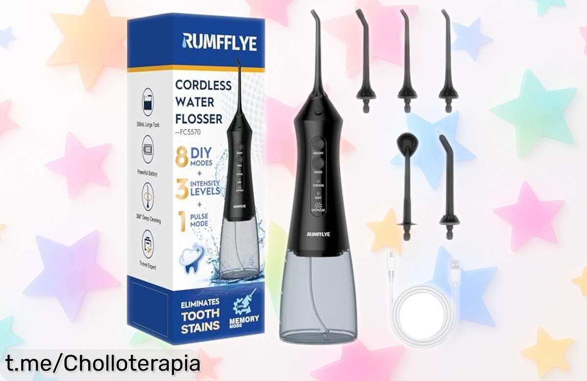 Impresionante irrigador dental portátil RUMFFLYE, ¡oferta nunca vista con 12 modos y 5 boquillas! Aprovecha ahora este super chollo para lucir una sonrisa espectacular.