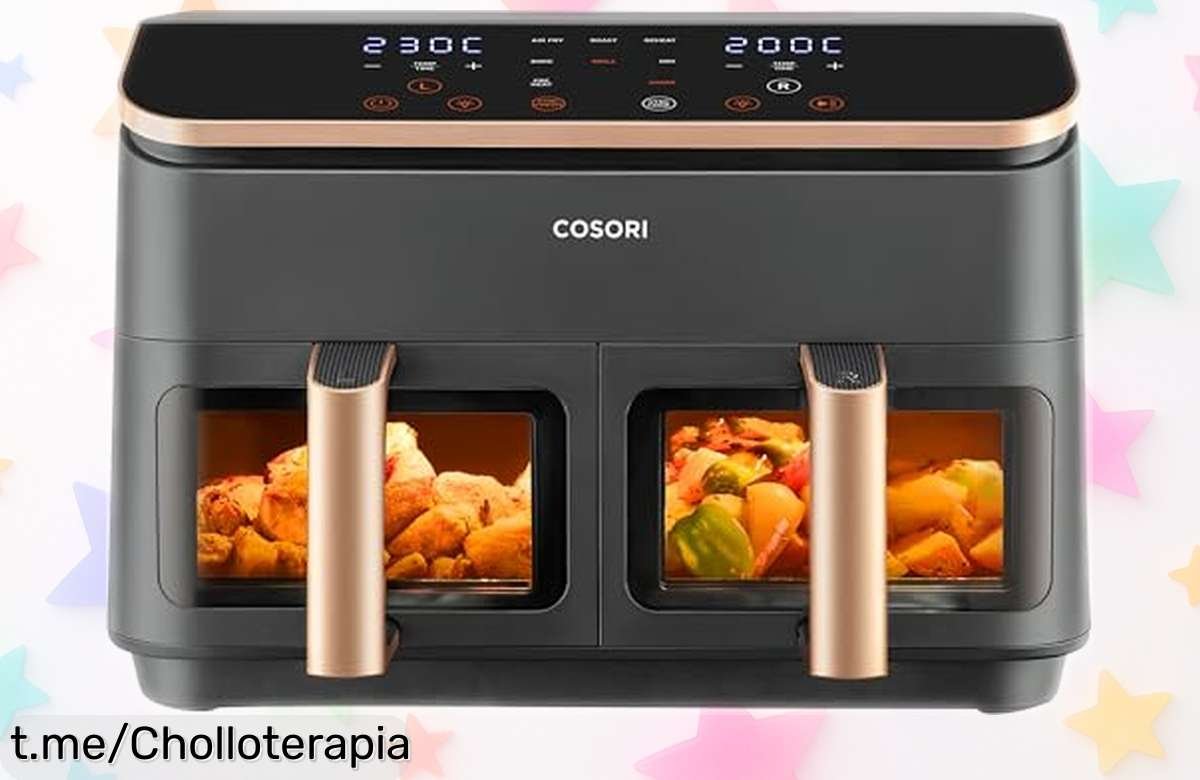 Increíble freidora de aire grande Cosori con doble cesta y ventana. ¡Cocina dos platos a la vez, sin mezclar sabores! Oferta impresionante que no podrás dejar pasar.