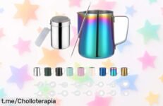 Jarra de leche Barista de acero con 16 plantillas: un ofertón increíble para que saques tu lado creativo mientras disfrutas cada café en casa. ¡No te la pierdas!