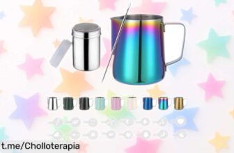 Jarra de leche Barista de acero con 16 plantillas: un ofertón increíble para que saques tu lado creativo mientras disfrutas cada café en casa. ¡No te la pierdas!