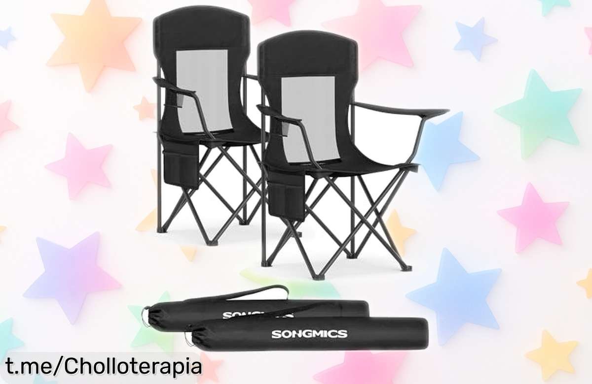 Juego de 2 sillas plegables SONGMICS con portavasos y reposabrazos, ¡ahora a un precio loco! Disfruta del aire libre cómodamente antes que se agoten.