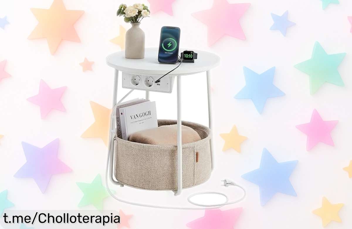 Mesa auxiliar redonda con enchufes y cesta de tela Vasagle, precio loco en la mejor oportunidad: aprovecha este ofertón antes que desaparezca y dale un toque especial a tu hogar.