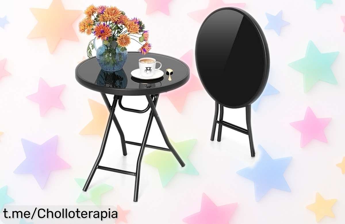 Mesa de jardín redonda plegable GIANTEX con tapa de vidrio a precio tirado, ideal para tus terrazas y balcones. ¡No te quedes sin la tuya antes que se agoten!