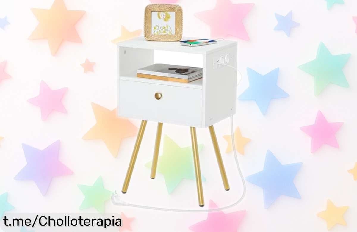 Mesita de noche HOOBRO con carga USB y enchufes: un super chollo que organiza tu espacio sin líos, ideal para tener todo a mano y disfrutar del orden ¡Hazla tuya ahora!