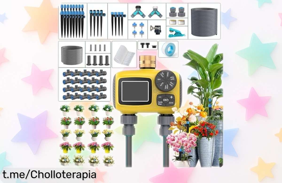 Pack completo de riego por goteo TRJZWA con temporizador automático a un precio de locos, cuida tu jardín sin complicaciones y no pierdas esta oportunidad única.