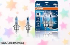 Pack de dos lámparas halógenas OSRAM COOL BLUE INTENSE H4, luz blanca y brillante que hará brillar tu coche en la carretera. No te pierdas este ofertón para iluminar tus viajes.