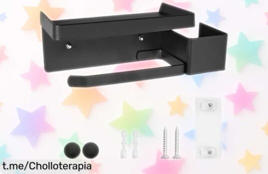 Portarrollos adhesivo para papel higiénico con estante para el móvil que queda de lujo en tu baño, ¡aprovéchalo a un precio regalado y dale un toque especial hoy mismo!