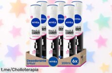 Spray desodorante NIVEA Black & White Invisible en pack de 6 unidades, ¡ofertón alucinante que cuida tu piel y no mancha la ropa! Aprovecha este chollo antes de que sea tarde.