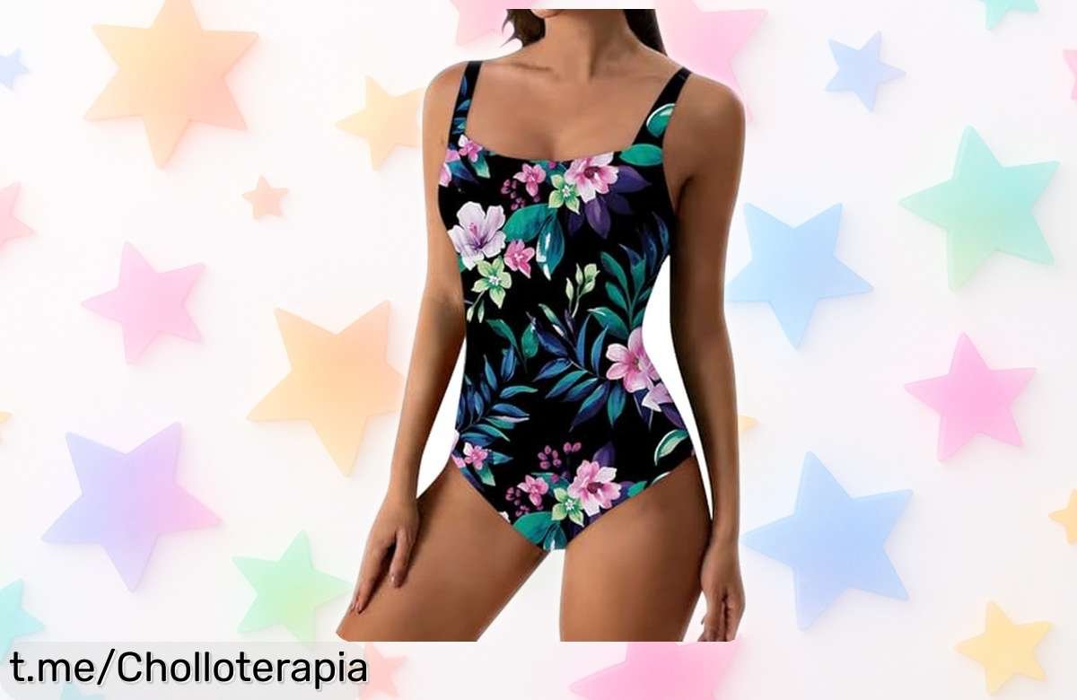Bañador entero con estampado floral que moldea la barriga y deja tu espalda al aire, precio loco si añades 2 a la cesta; resalta tu belleza sin esfuerzo y siente el verano en tu piel.