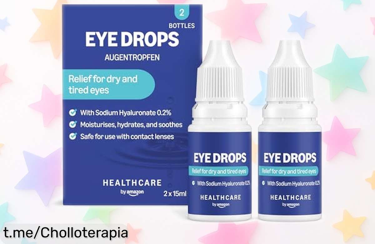 Colirio hidratante para ojos sensibles de Healthcare by Amazon, pack de 2 botecitos a precio regalado que calma la sequedad y cuida tus lentes. ¡No te lo pierdas!