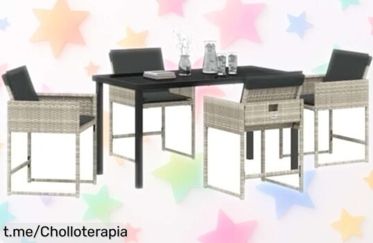 Deslumbrante conjunto de comedor para jardín vidaXL de 5 piezas, ligero y moderno a un súper precio que no querrás dejar pasar en tus reuniones al aire libre. ¡Hazlo tuyo ya!