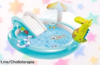 Divertida piscina hinchable IN TEX con tobogán cocodrilo y aspersor para un veranito lleno de risas, ¡aprovecha este precio increíble antes que se agote!