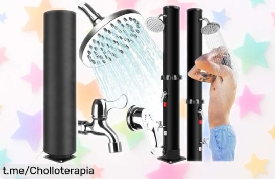 Ducha solar con cabezal giratorio y grifo lavapiés, perfecta para disfrutar al máximo en piscina o camping; ¡oferta increíble que no querrás dejar escapar!