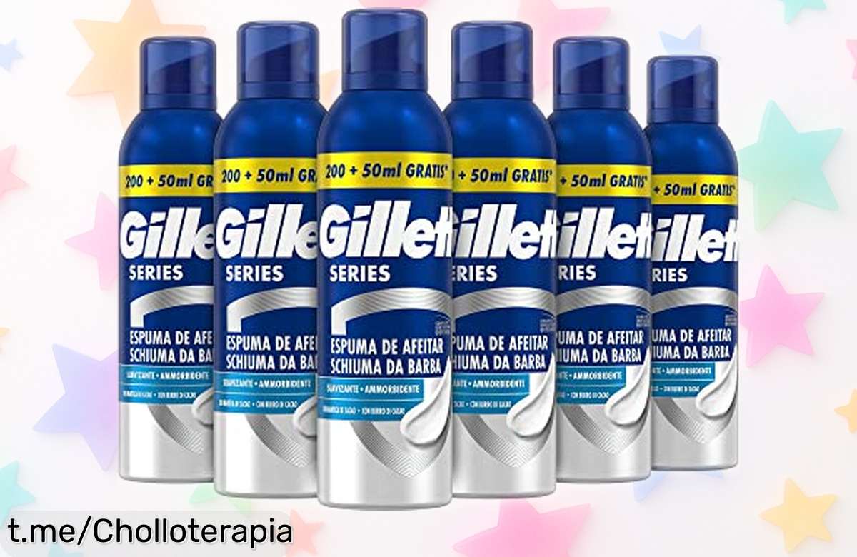 Espuma de afeitar suavizante Gillette Series con manteca de cacao en pack de 6 a precio loco, desliza perfecto y cuida tu piel como nunca antes. ¡Hazte con el ofertón ya!
