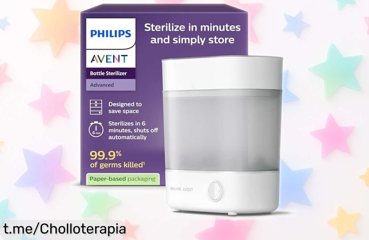 Esterilizador eléctrico de botellas Philips Avent que elimina el 99,9% de gérmenes y limpia hasta 6 biberones en solo 10 minutos. ¡Hazte con él antes de que se acabe!