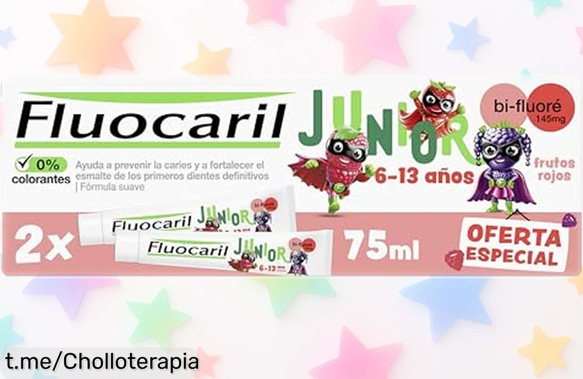 Gel dental para niños Fluocaril en pack de 2, protección contra caries y sabor a frutos rojos que encanta. ¡No te pierdas este precio regalado!