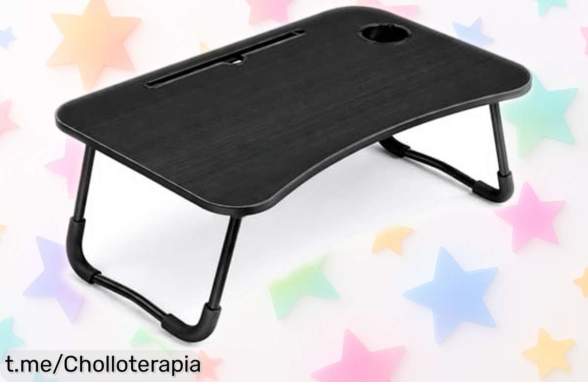 Increíble mesa plegable portátil para ordenador con ranura para tablet y posavasos, ahora a un precio revolucionario que no podrás dejar escapar. ¡Crea tu espacio ideal hoy mismo!