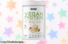 Increíble proteína vegana Weider en polvo para energía natural y sin azúcar: disfruta de su delicioso sabor a choco blanco con avellana. ¡No te lo pierdas, esta oferta es un golazo!