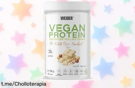 Increíble proteína vegana Weider en polvo para energía natural y sin azúcar: disfruta de su delicioso sabor a choco blanco con avellana. ¡No te lo pierdas, esta oferta es un golazo!