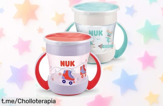Increíbles tazas NUK Mini Magic Cup para bebés: ¡sin lío ni manchas! Pack de 2 a un precio rebajado. Haz que tus peques beban felices y sin ensuciar, ¡añádelas ya!