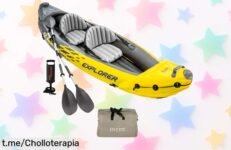 Kayak hinchable para dos personas INTEX, ¡acércate a la aventura! Un precio de risa con el cupón y todo lo necesario: remos, asiento y un suelo irrompible. No te quedes sin el tuyo hoy mismo.