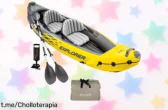 Kayak hinchable para dos personas INTEX, ¡acércate a la aventura! Un precio de risa con el cupón y todo lo necesario: remos, asiento y un suelo irrompible. No te quedes sin el tuyo hoy mismo.