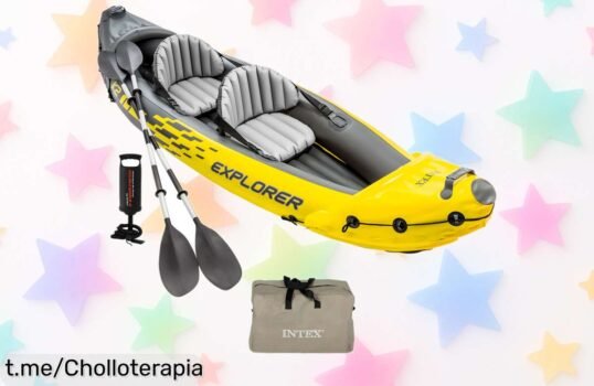 Kayak hinchable para dos personas INTEX, ¡acércate a la aventura! Un precio de risa con el cupón y todo lo necesario: remos, asiento y un suelo irrompible. No te quedes sin el tuyo hoy mismo.