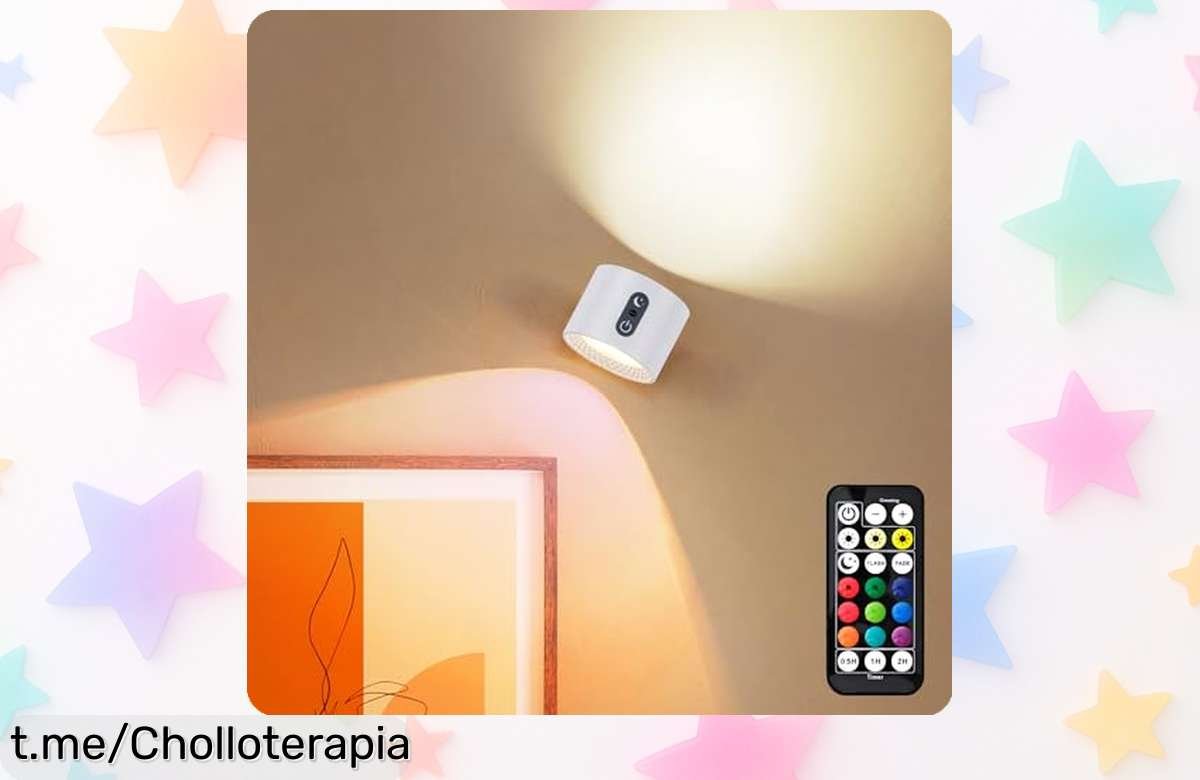 Lámpara de pared LED inalámbrica LuminexDesigns que gira 360° y cambia de color, ¡ofertón para iluminar tu hogar con estilo! No te quedes sin la tuya, crea ambientes únicos ya.