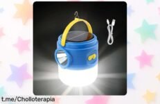 Linterna solar para camping con brillo ajustable y carga USB, ¡ofertón resistente a todo clima que hará brillar tus aventuras! No te la pierdas.