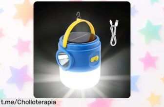 Linterna solar para camping con brillo ajustable y carga USB, ¡ofertón resistente a todo clima que hará brillar tus aventuras! No te la pierdas.