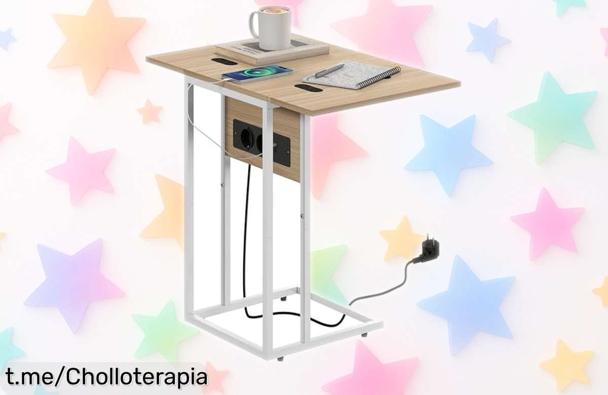 Mesa auxiliar HOMCOM con encimera plegable y puertos USB a precio de risa, ideal para tu salón o dormitorio sin complicaciones, ¡no te lo pierdas!