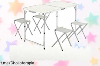 Mesa de camping plegable con 4 taburetes y altura regulable, ¡precio de risa para disfrutar tus picnics sin preocupaciones! Aprovecha esta oferta excepcional antes que se agote.