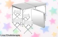 Mesa plegable con 4 sillas GOODS+GADGETS, ¡un ofertón tirado de precio y muy resistente! No te quedes sin la tuya, llévala a donde quieras y disfruta al máximo del aire libre.
